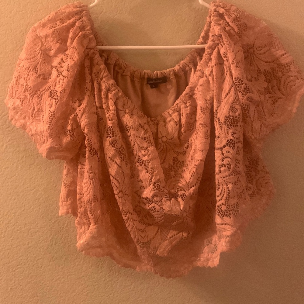 Pink, cropped, lace, off the shoulder top